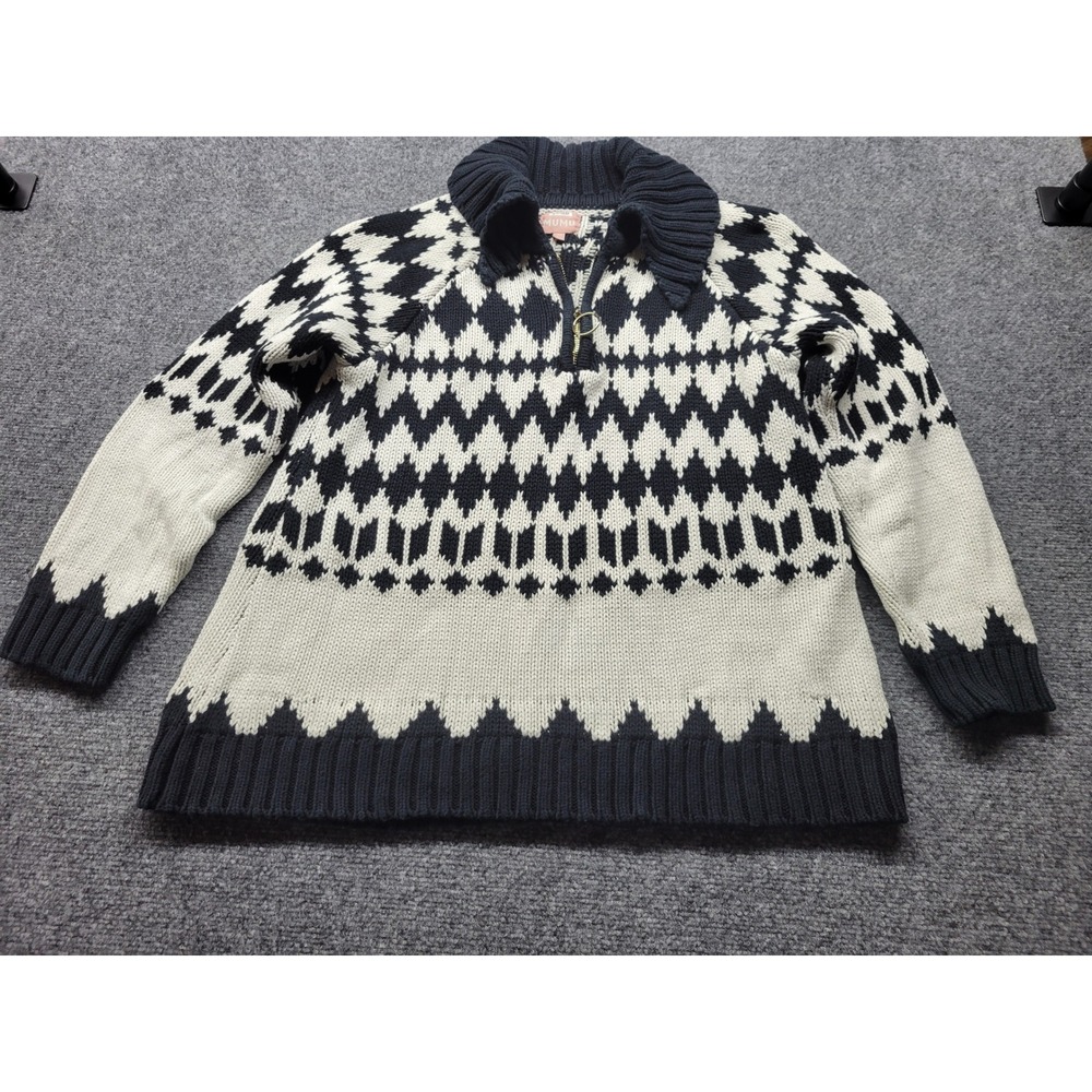 Show Me Your Mumu Sun Valley Pullover Sweater Black White Fair Isle Zip Medium